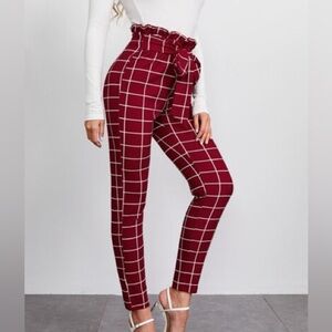 Shein red and white clasi paperbag waist belted grid pants